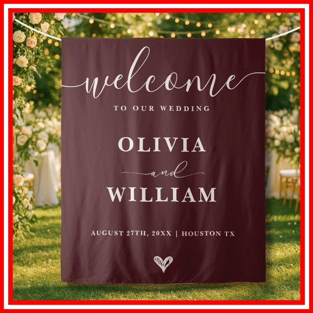 Tapete De Parede Burgundy & Ivory Wedding Welcome Backdrop (Criador carregado)