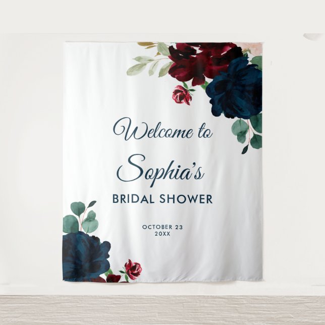 Tapete De Parede Burgundy & Navy Blue Flowers Rustic Bridal Shower (Frente)
