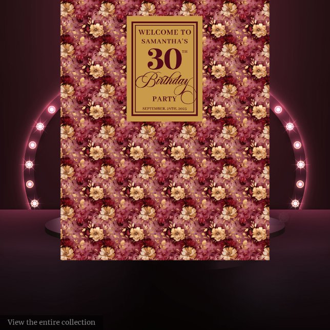 Tapete De Parede Burgundy Romântica Blush Dourado Banner de anivers (Romantic Burgundy Blush Gold 30th Birthday Banner Tapestry)