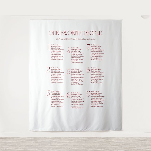 Tapete De Parede Burgundy Wedding Seating Chart Fabric 9 Tables (Frente)
