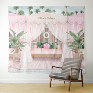 Tapete De Parede Cabaná de Verão Rosa e Branco à Beira da Piscina