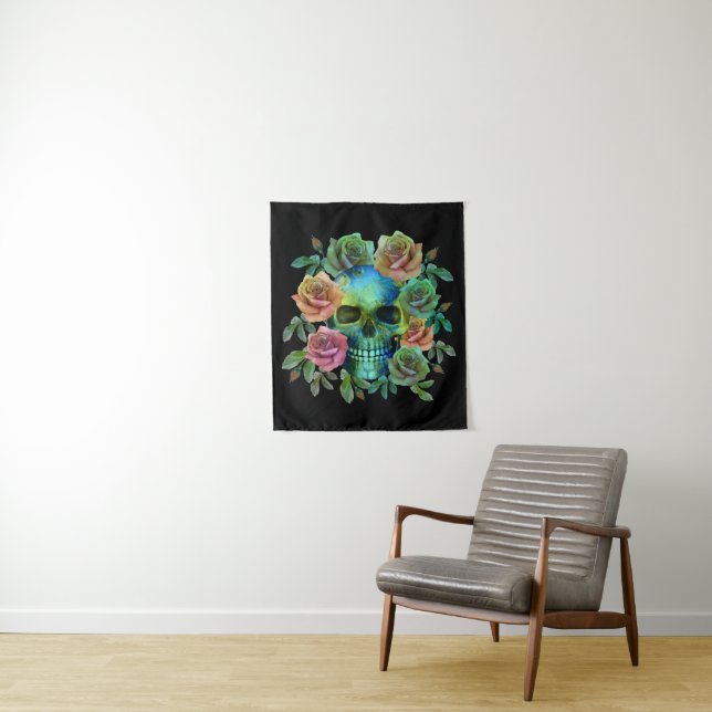 TAPETE DE PAREDE CABEÇA DE MORTO VERDE COM FLORES (In Situ)
