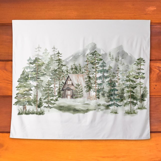 Tapete De Parede Cabina de Aquarela na Floresta de Pinheiros Verdes (In situ)