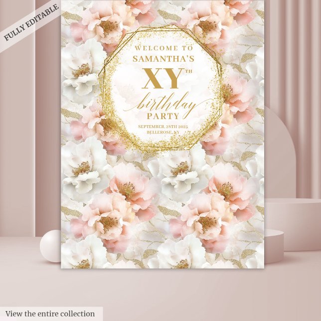 Tapete De Parede Cabine de Fotos de Aniversário com Brilho Rosa Beg (Sparkling Blush Ivory Gold Birthday Photo Booth Tapestry )