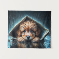 Cachorro bonito no dia da chuva com a arte azul