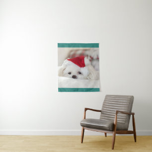 Tapete De Parede Cachorro Branco giro em chapéu vermelho de Natal