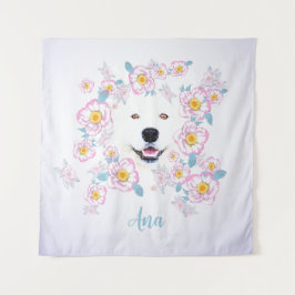 Tapete De Parede Cachorro Samoyed e flores cor-de-rosa, nome person