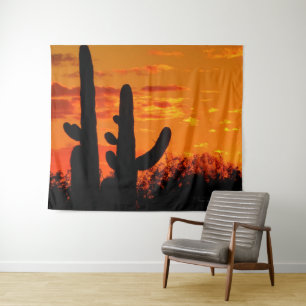 Tapete De Parede Cactos De Saguaro arizona Com Sol Laranja Brilhant