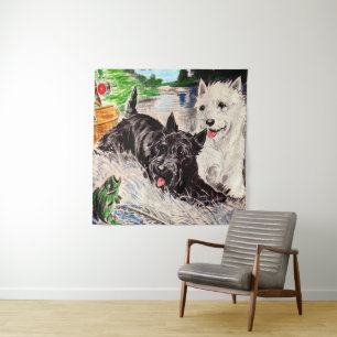 Tapete De Parede Cães Scottie Blackie e Whitie pescando