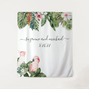 Tapete De Parede Caligrafia rosa-rosa de aves tropicais com aquarel