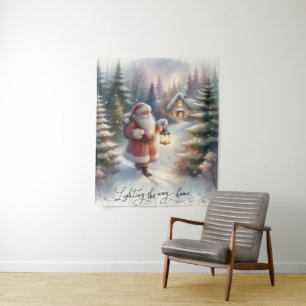 Tapete De Parede Caminhada da Lanterna de Papai Noel Cena da Cabana