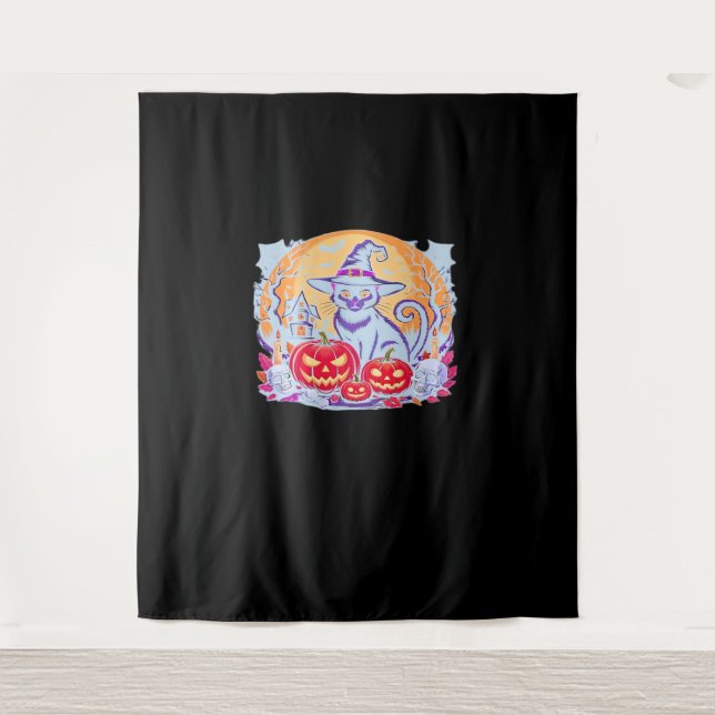 Tapete De Parede Camiseta Clássica Ghost Pumpkin Gato do Halloween (Frente)