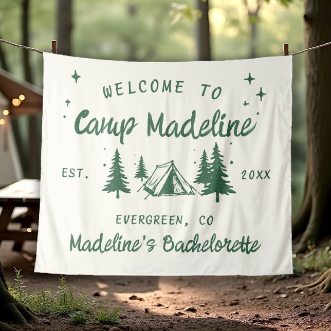 Tapete De Parede Camp Bachelorette Camping Backdrop - Mão Desenhada (camp bachelorette welcome backdrop hand drawn handwriting hand written camping glamping hiking bach)