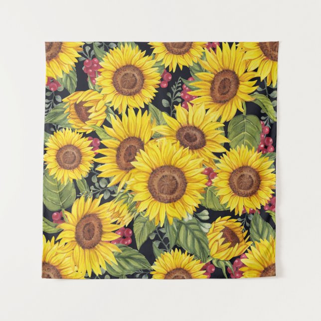 Tapete De Parede Campo de girassóis: fundo preto de aquarela (Frente)