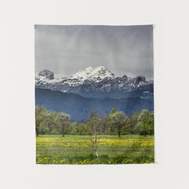 Tapete De Parede Campo verde com alpes de neve (Frente)