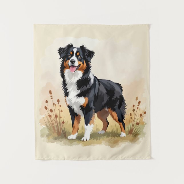 Tapete De Parede Cão Aussie Tricolor Preto Pastor Australiano (Frente)