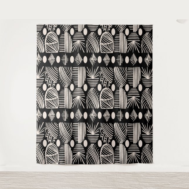 Tapete De Parede Caribe Tribal Mudcloth: Preto, Branco, (Frente)