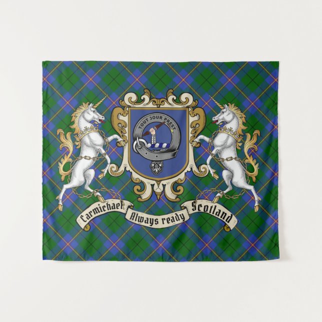 Tapete De Parede Carmichael Clan Crachá & Unicorns w/Tartan (Frente (Horizontal))