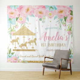 Tapete De Parede Carrossel Floral Rosa e Hortelã de 1º Aniversário 