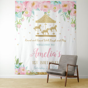 Tapete De Parede Carrossel Floral Rosa e Verde Água 1º Aniversário 