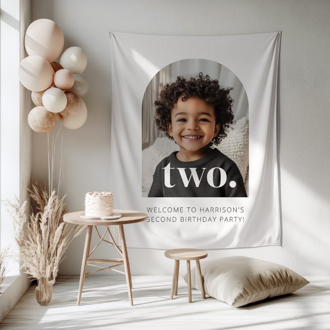 Tapete De Parede Cartaz de Boas-Vindas de Foto Arqueada de 2º Anive (Zazzle 2nd Birthday Two Arched Photo Welcome Sign Tapestry)