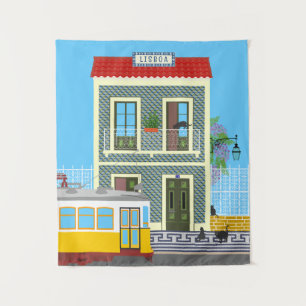 Tapete De Parede Casa velha de Lisboa com gatos e elétrico amarelo