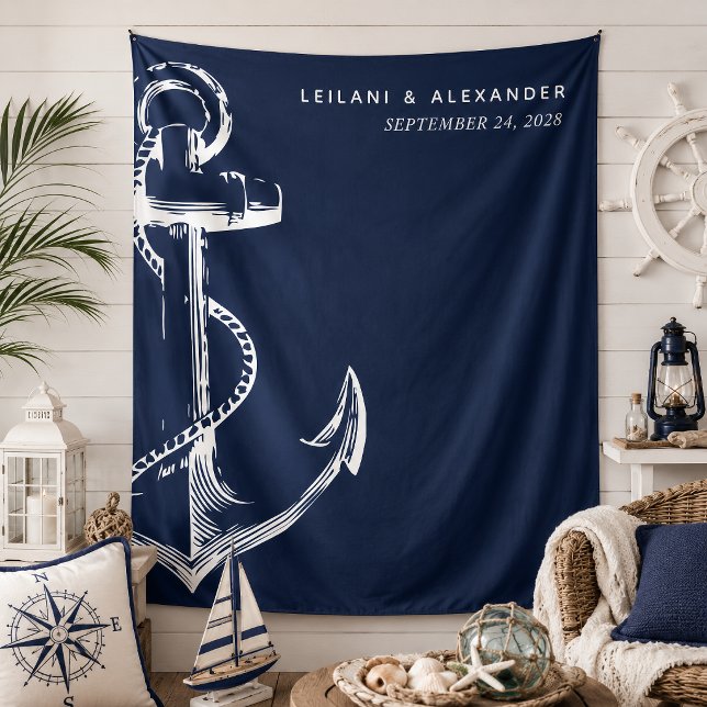 Tapete De Parede Casamento Âncora Náutica (Nautical anchor wedding backdrop that is modern and simple for a classic beach reception.)