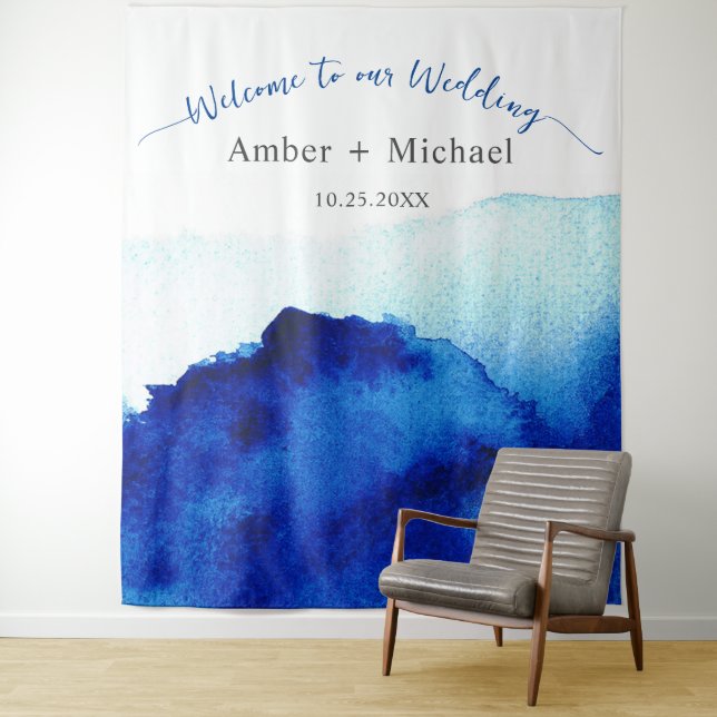 Tapete De Parede Casamento Azul Índigo Aquarela com Roteiro Moderno (In Situ)