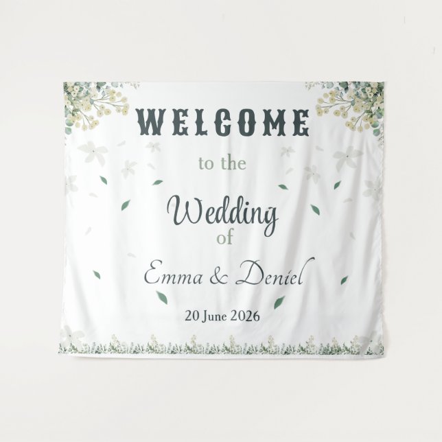 Tapete De Parede Casamento Botânico com Eucalipto e Florais Brancas (Frente (Horizontal))