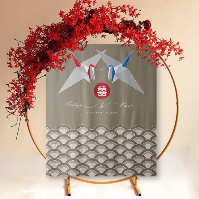 Tapete De Parede Casamento Chinês Origami de Gruas de Papel Vermelh (Red & Blue Paper Cranes Origami & Circle Double Happiness, Chinese Wedding Photo Backdrop Tapestry)