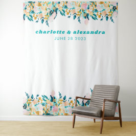 Tapete De Parede Casamento Floral Aquarela Azul Turquesa e Dourado 