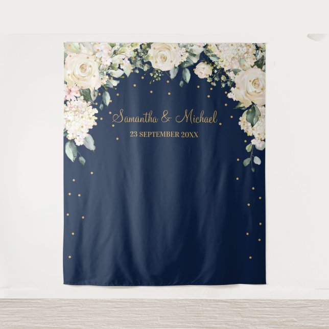Tapete De Parede Casamento floral Boêmio Navy e branco (Frente)