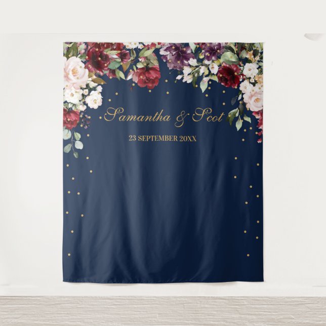 Tapete De Parede Casamento floral boho rosa borgonha azul marinho (Frente)