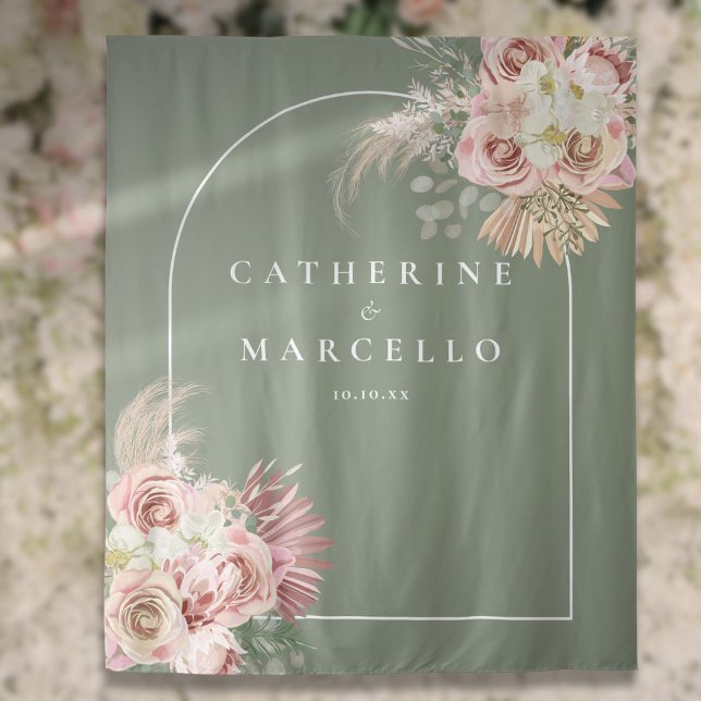 Tapete De Parede Casamento Floral de Grama Pampas Verde Sage Boho  (Sage Green Boho Pampas Grass Floral Wedding Tapestry)