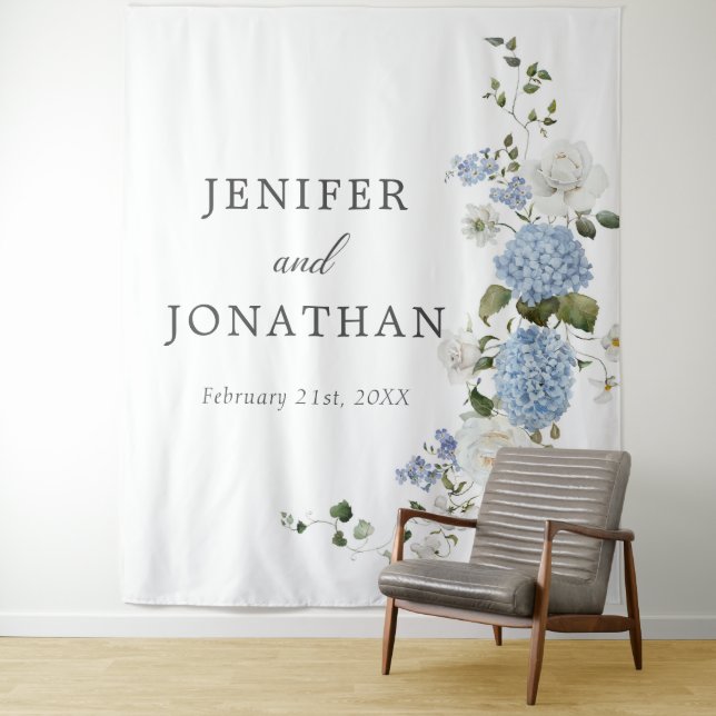 Tapete De Parede Casamento Floral de Hortênsias Azuis e Rosas Branc (In Situ)