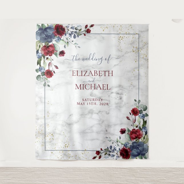 Tapete De Parede Casamento Floral Dourado em Azul Poeirento e Borgo (Frente)