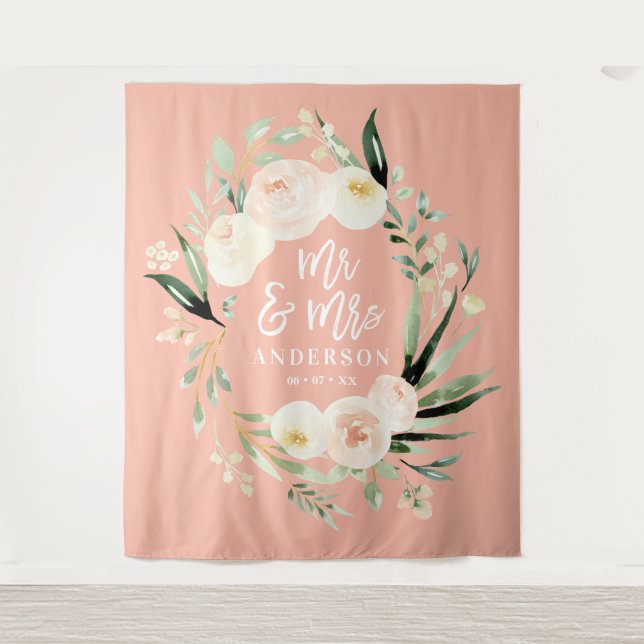 Tapete De Parede Casamento floral em aquarela rosa e verde para Sr  (Frente)