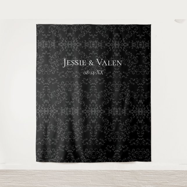 Tapete De Parede Casamento Gótico com Redemoinho Cinza e Preto (Frente)