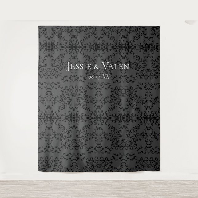 Tapete De Parede Casamento Gótico com Redemoinho Cinza e Preto (Frente)