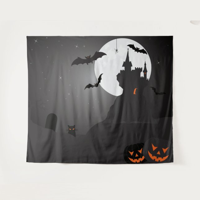 Tapete De Parede Castelo Assombrado Lua Cheia Halloween Fundo para  (Frente (Horizontal))