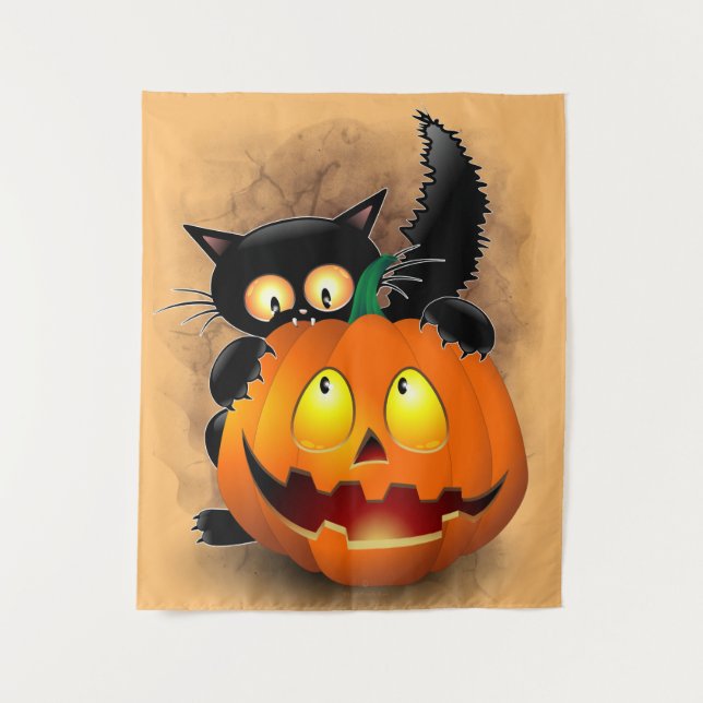 Tapete De Parede Cat Fun Halloween Character biting a Pumpkin   (Frente)