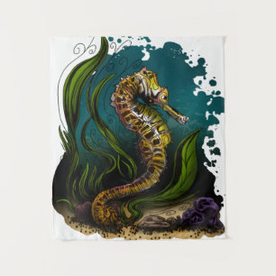 Tapete De Parede Cavalo-Marinho Azul-Verde Estética Oceânica Design