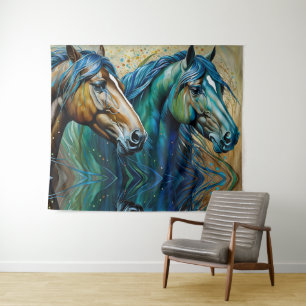 Tapete De Parede Cavalos Azul Teal, castanho
