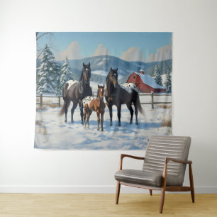 Tapete De Parede Cavalos de Appaloosa Pretos numa Fazenda no invern