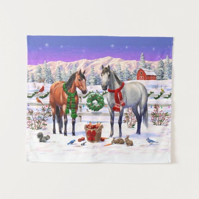 Tapete De Parede Cavalos de Natal na neve (Frente (Horizontal))