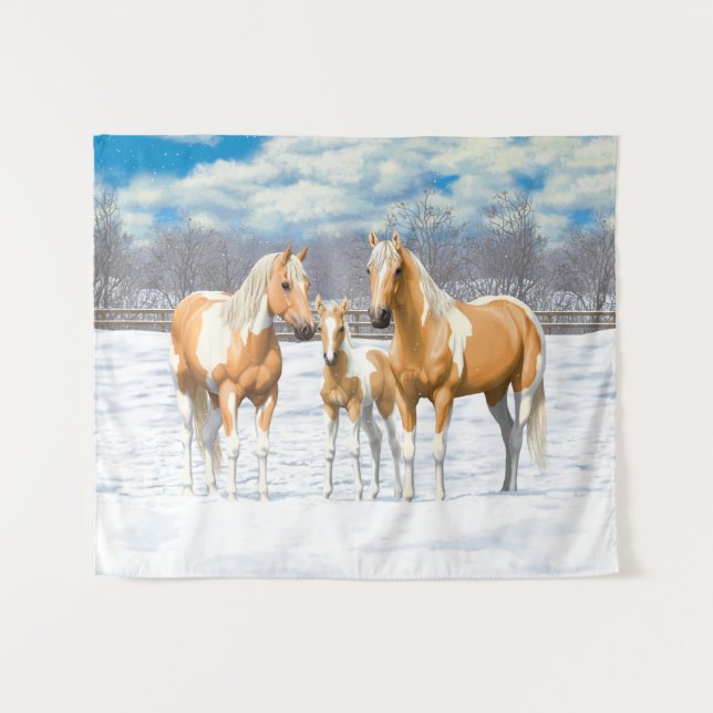 Tapete De Parede Cavalos De Tintas Palomino Na Neve (Frente (Horizontal))