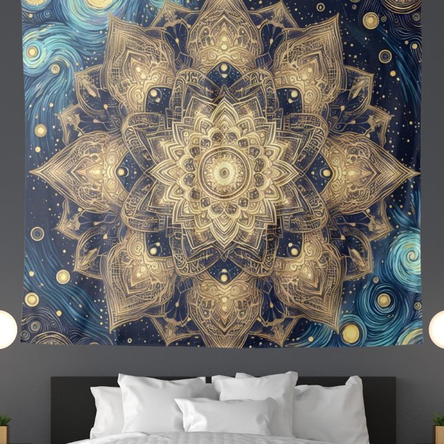 Tapete De Parede Celestial Dourado moderno Mandala Blue Starry Nigh (Criador carregado)