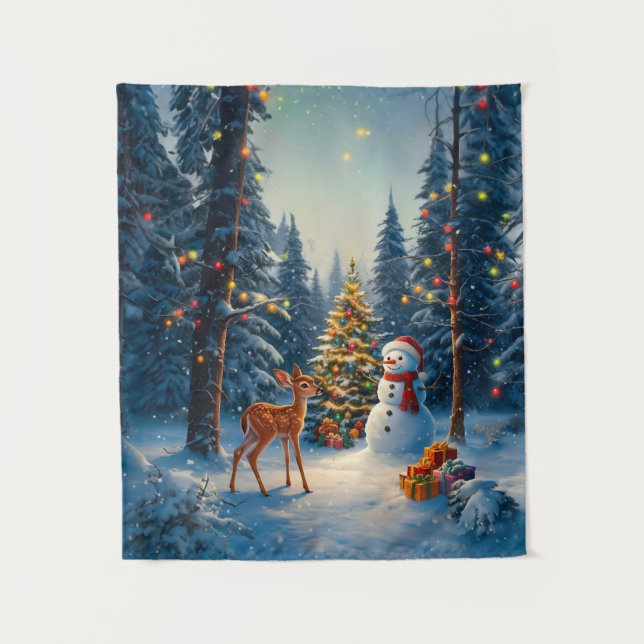 Tapete De Parede Cena da Árvore de Natal Fofo Deer Fawn Snowman (Frente)