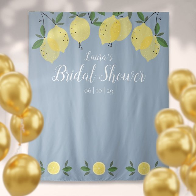 Tapete De Parede Cena de Fundo em Azul Empoeirado com Limões para C (Dusty Blue Lemons Bridal Shower Photo Backdrop)