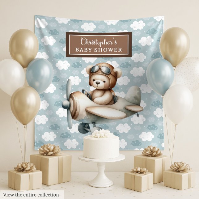 Tapete De Parede Cena de fundo para chá de bebê com urso de pelúcia (Whimsical teddy bear pilot baby shower backdrop)